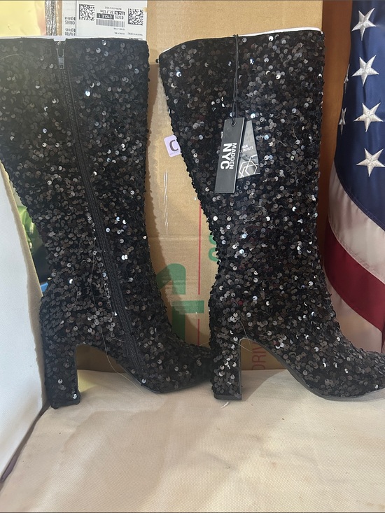 NYC Shoes - NYC Black Sequin Mid-Calf Block Heel Boots